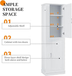 Tall Storage Cabinet, Bathroom Floor Freestanding Storage Cabinet with Hook and Adjustable Shelf for Bathroom, Office, Living Room, White