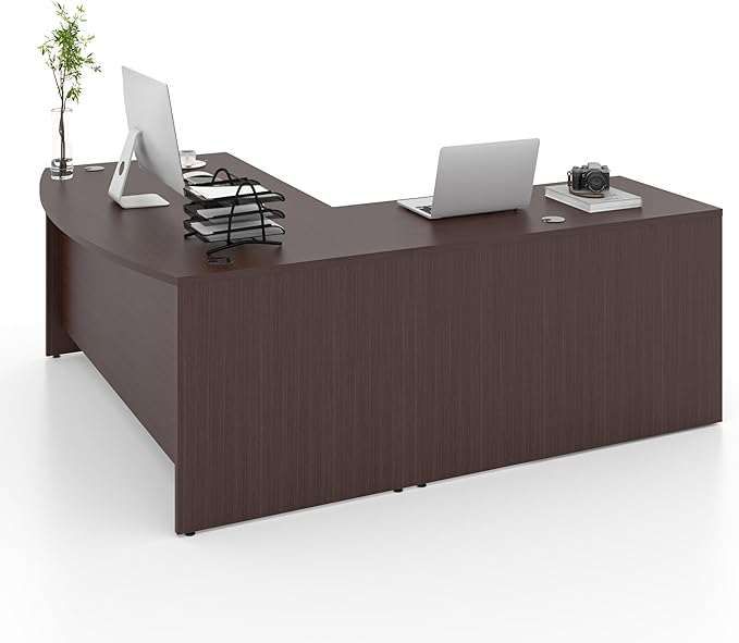 82.67" x 66.93" Bow Front L-Shaped Executive Desk with 3-Drawer File Cabinet (Espresso)