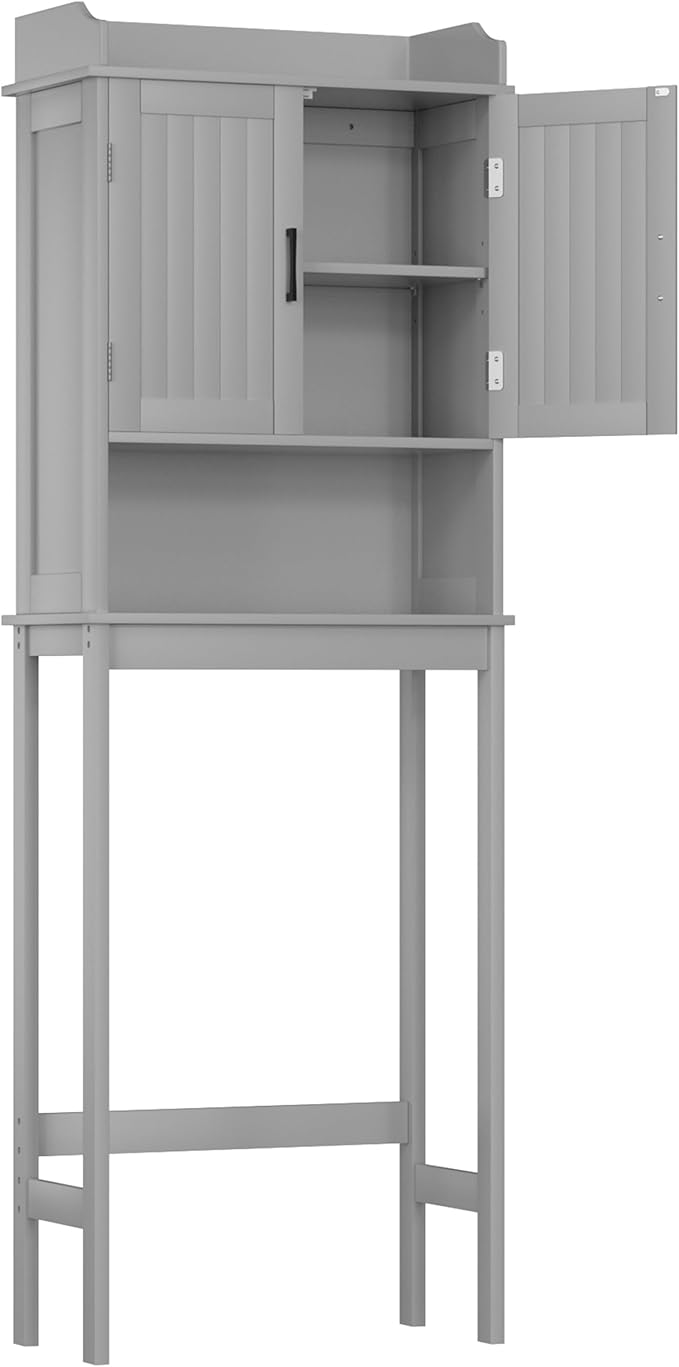 Over-The-Toilet Storage Shelf with Doors, Bathroom Freestanding Organizer Space Saver with Adjustable Shelf, Gray