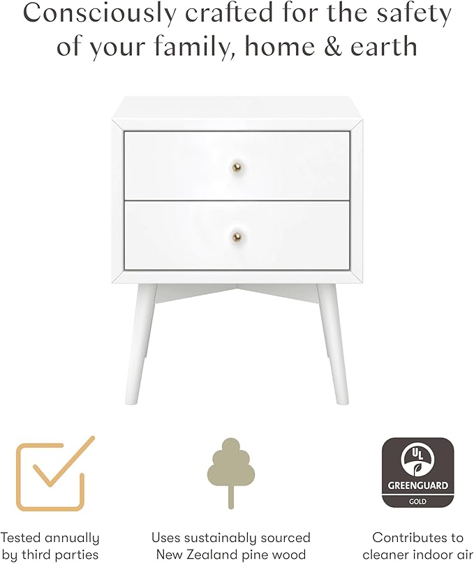 Babyletto Palma Small Nightstand with 2-Drawers - Assembled Modern Bedside Table for Small Spaces - GREENGUARD Gold Certified - Durable Wood Night Stand & Kids Bed Side Table for Bedroom - White