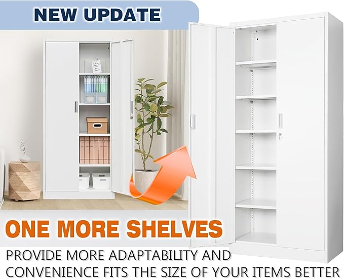 BESFUR Metal Cabinet with 5 Adjustable Shelves and 2 Doors, Locking Storage Cabinet for Garage, Classroom and Office -White