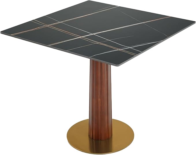 Sintered Stone Square Office Table and Chair Set - Meeting Table for Small Offices (Dark Brown Leg and Black Top, 1 Table and 4 Chairs)