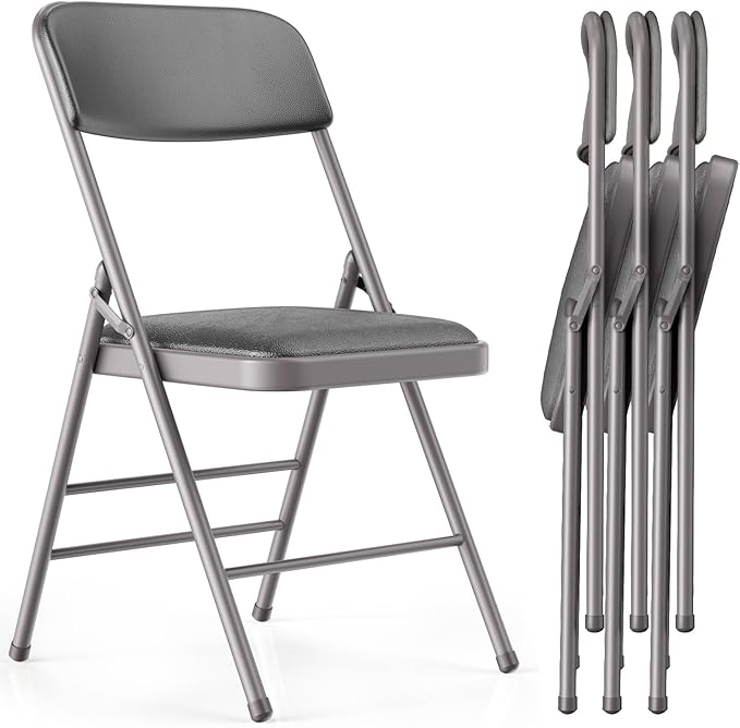 Folding Chairs 4 Pack with Padded Cushion and Back, Metal Folding Chairs with Comfortable Cushion and Durable Steel Frame Capacity for Home, Office, Party and Outdoor Events (PU-Grey, 4 Pack)