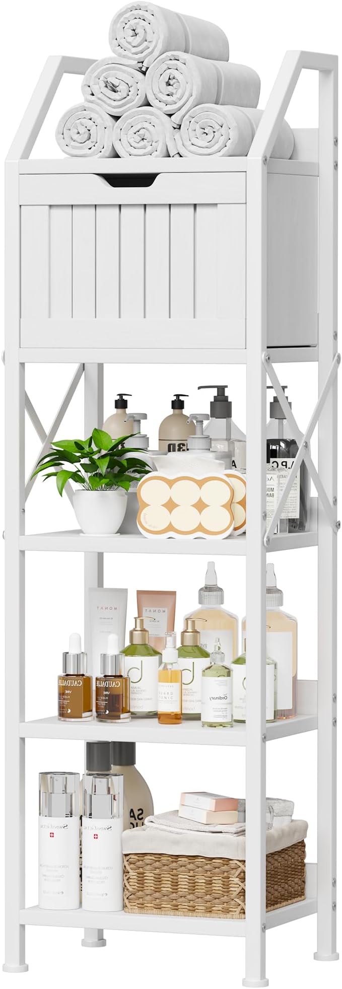 Bathroom Floor Cabinet, 5-Tier Bathroom Storage Organizer Rack with Drawer, Multifunctional Corner Unit, 47.24 Inches in Height, White