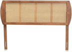 Mid-Century Modern Ash Walnut Finished Wood and Synthetic Rattan Victorian Vintage Size Headboard
