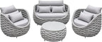 Woven Rope Patio Sofa Furniture Set of 4: Aluminum All Weather Outdoor Conversation Set, Couch Armchair and Loveseat Set with Table Cushions for Deck Porch Poolside Garden Backyard Hotel - Gray