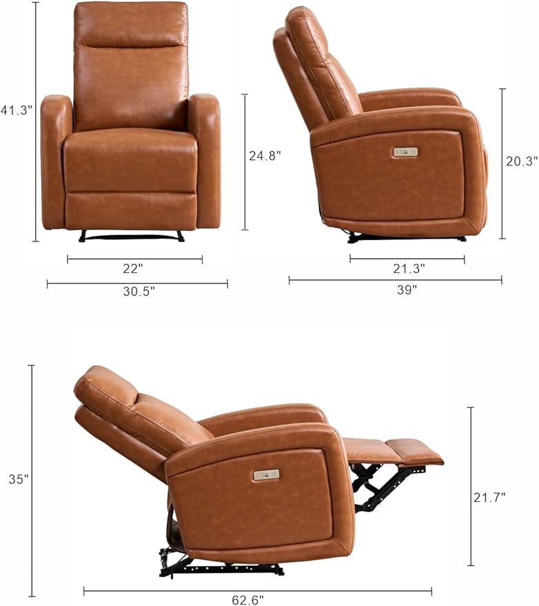 Power Recliner Chairs for Living Room,Wall Hugger Recliners with Power Headrest Type-C Charger, Leather Electric Recliner Chair for Adult, Brown