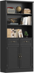 72'' Tall Bookcase with Doors and Drawers, Adjustable Shelves, P2 MDF Construction, 32'' Wide Freestanding Cabinet with Metal Handles, Hidden Storage for Living Room, Bedroom, Black