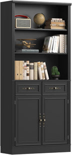 72'' Tall Bookcase with Doors and Drawers, Adjustable Shelves, P2 MDF Construction, 32'' Wide Freestanding Cabinet with Metal Handles, Hidden Storage for Living Room, Bedroom, Black