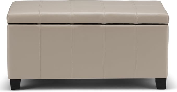 SIMPLIHOME Dover 36 inch Wide Contemporary Rectangle Storage Ottoman Bench in Satin Cream Vegan Faux Leather, Assembled, For the Living Room, Entryway and Family Room