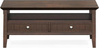 SIMPLIHOME Acadian Coffee Table - 48 inch Wide Solid Wood Transitional Cocktail Table with 2 Drawers in Brunette Brown, Classic Living Room Table with Storage Shelf and Tapered Legs