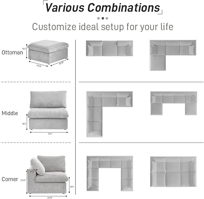 Cloud Modular Sectional Sofa,160" Down Filled Comfort Sofa Couch for Living Room,4 Seater Couches for Livingroon Apartment,Sofa Cover Washable and Replaceable,Grey