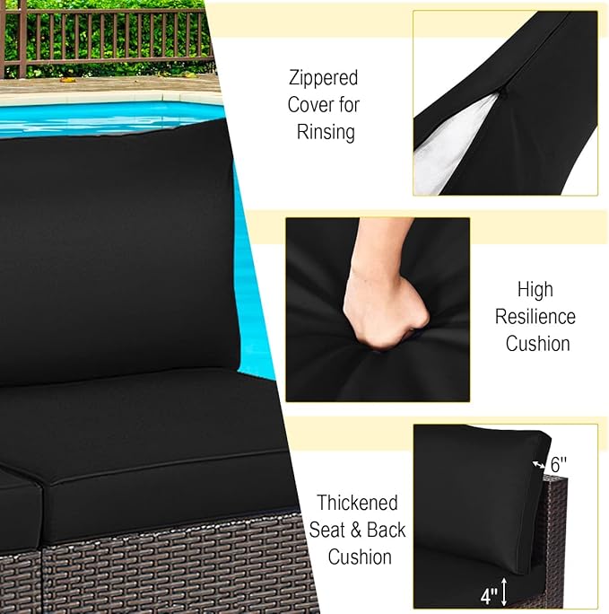 COSTWAY 2PCS PE Rattan Armless Sofa, Wicker Patio Conversation Set Chairs with Soft Cushion, Outdoor Sectional Furniture for Yard, Poolside (Black)