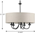Progress Lighting Drum Shade Collection Five-Light Chandelier, Farmhouse Style Hanging Ceiling Light Fixture for Dining Rooms, Foyers, Harvest Linen Shade, Matte Black