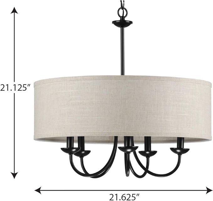 Progress Lighting Drum Shade Collection Five-Light Chandelier, Farmhouse Style Hanging Ceiling Light Fixture for Dining Rooms, Foyers, Harvest Linen Shade, Matte Black