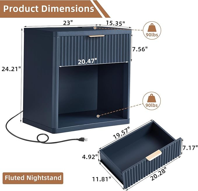 LEYAOYAO Fluted Farmhouse Nightstand Set of 2 with Charging Station, 23" Wide 1 Drawers End Table,Blue Dresser for Bedroom,Bed Side Table Chest of Drawers Cabinet,Wood Night Stand for Living Room