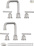 WOWOW Brushed Nickel Bathroom Faucet: Widespread Bathroom Sink Faucet Set 3 Hole with Pop-up Drain and Supply Lines, 8 Inch Vanity Faucet 3 Pieces Basin Tap 2 Handle Modern (2 Pack)