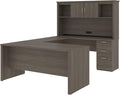 Bestar Logan 66W U or L-Shaped Executive Office Desk with Pedestal and Hutch in Bark Grey, Table Workstation for Personal Home Workspace