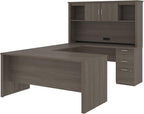 Bestar Logan 66W U or L-Shaped Executive Office Desk with Pedestal and Hutch in Bark Grey, Table Workstation for Personal Home Workspace