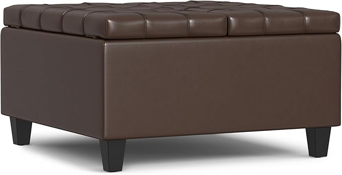 SIMPLIHOME Harrison 30 inch Wide Transitional Square Small Coffee Table Storage Ottoman in Chocolate Brown Vegan Faux Leather, Assembled, for The Living Room and Bedroom