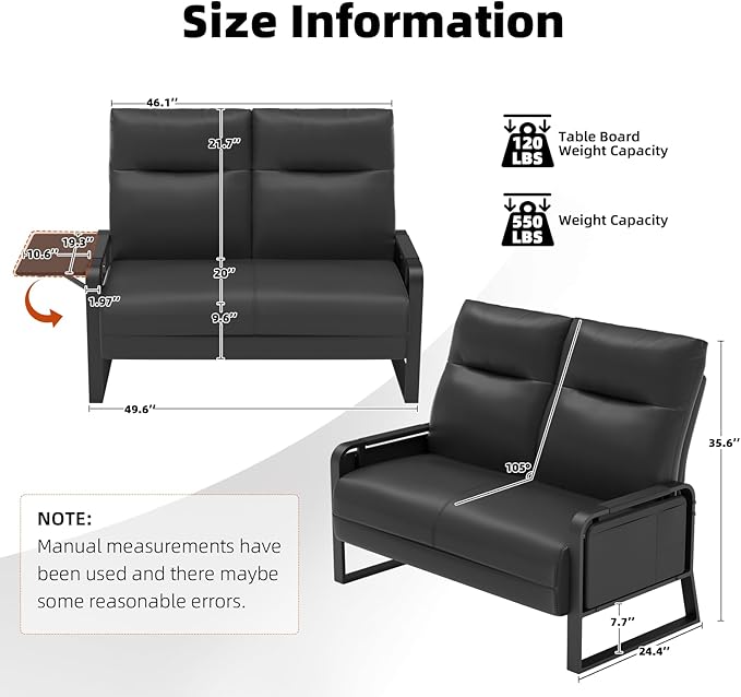 Faux Leather Loveseat, Upholstered Loveseat with Side Tray Table & Storage Pocket, Small Loveseat for Living Room, Modern 2 Seater Sofa Couch for Small Spaces, Bedroom, Black
