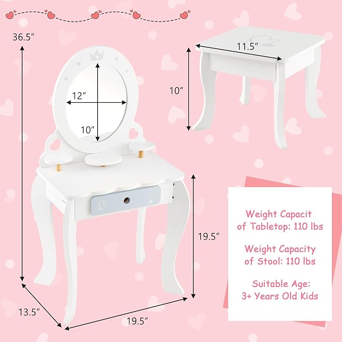 HONEY JOY Kids Vanity, Toddler Wooden Makeup Vanity Table & Chair Set, 10 Pcs Pretend Play Dressing Accessories Toy, Tri-Fold Princess Mirror, Little Girls Vanity Set with Mirror and Stool, White