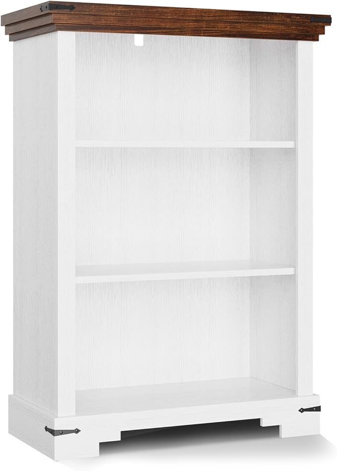 3-Tier Farmhouse Bookshelf, Book Shelf with Open Storage & One Adjustable Shelf, 9.8" D x 26" W x 38" H, Wooden Bookshelf for Study Room, Living Room, Kitchen, Bedroom (White)