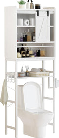 AWQM Over The Toilet Storage CabinetFreestanding Bathroom Organizer with AdjustableShelf & Paper Hook,Space-Saving Toilet Rack,White Retro Style (White, Sliding Door)