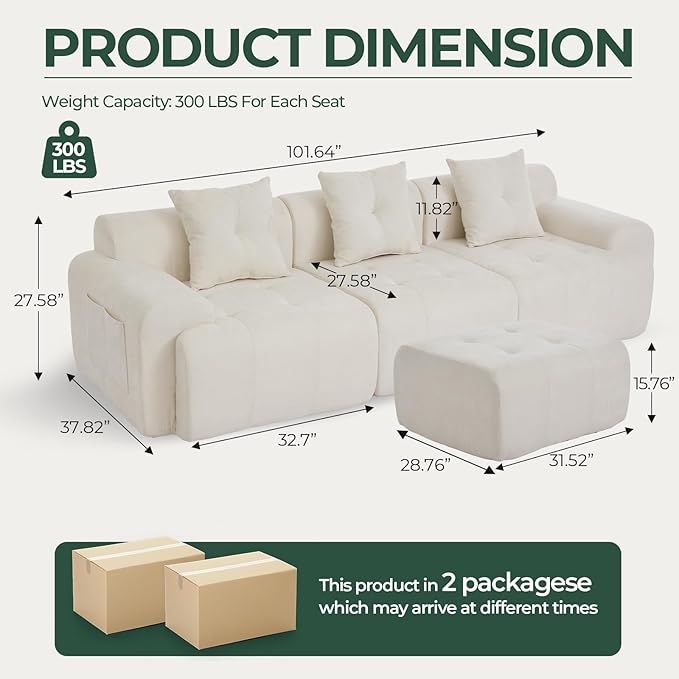 101.65” Modular Sectional Couch for Living Room, Modren L-Shape Cloud Sectional 3-Seater Sofa with Movable Ottoman, Woven Texture Upholstery Boneless Couch, No Assembly Grey, Beige