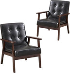 ANJ Mid Century Modern Accent Chairs, Set of 2, Black Faux Leather, Button Tufted with Wood Frame, Living Room Armchairs