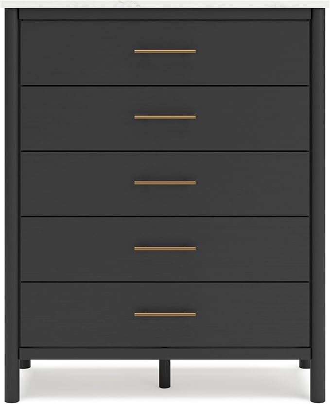 Signature Design by Ashley Cadmori Bohemian 5-Drawer Chest of Drawers with Safety Stop and Post Legs, Black & White