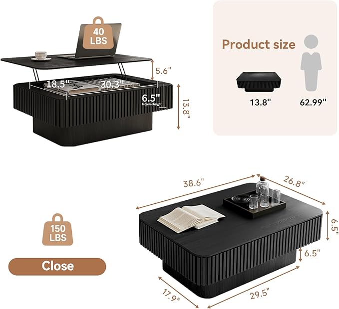 Lift Top Coffee Table for Living Room, Fluted Coffee Tables with Storage, Solid Wood Veneered Modern Accent Tea Center Table for Small Space Apartment (Black-38.6''D×26.8''H)
