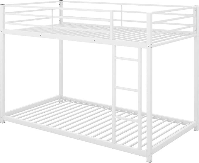 Twin Over Twin Metal Bunk Bed with Full-Length Guardrail,Low Bed Frame W/Ladder, Steel,No Noise,Bedroom Furniture for Children,Teens Adults,White