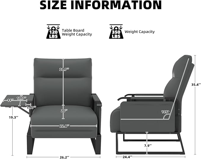 Upholstered Accent Chair, Modern Faux Leather Sofa Chair with Foldable Side Tray Table & Storage Pocket, Small Accent Sofa for Living Room, Bedroom, Reception Room, Gray