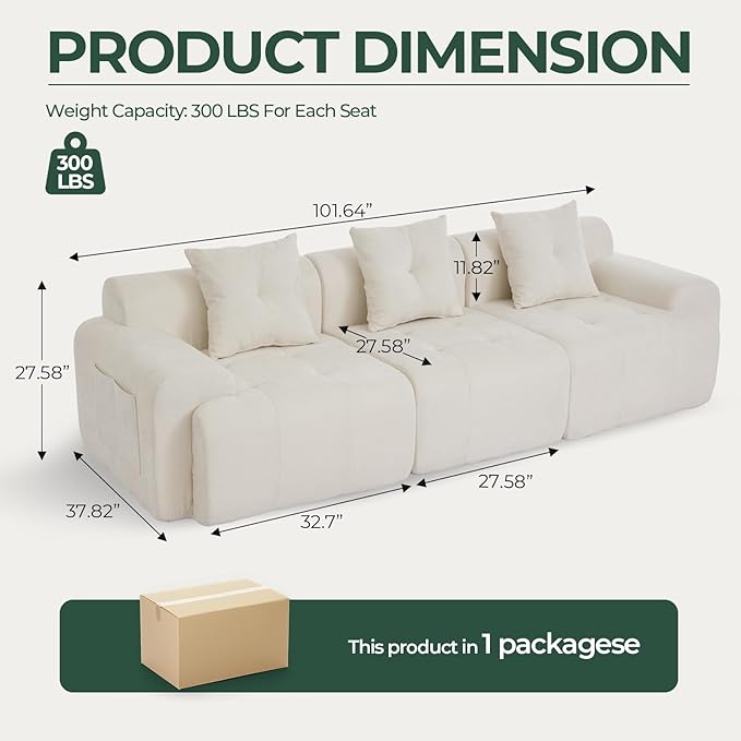 101.65” Modular Sectional Couch for Living Room, 3-Seater Cloud Sofa with Deep Seat, Woven Texture Upholstery Boneless Couch, No Assembly, Beige