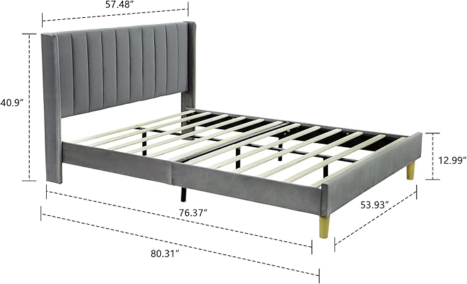 Low Profile Upholstered Platform Bed,Full Beds with Dark-Grey(Velvet)