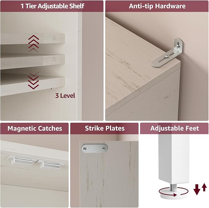Over The Toilet Storage Cabinet - Bathroom Shelves Above Toilet Freestanding Organizer Shelf with Doors Narrow Floor Stand Rack Farmhouse Wood 71" Tall, Distressed White