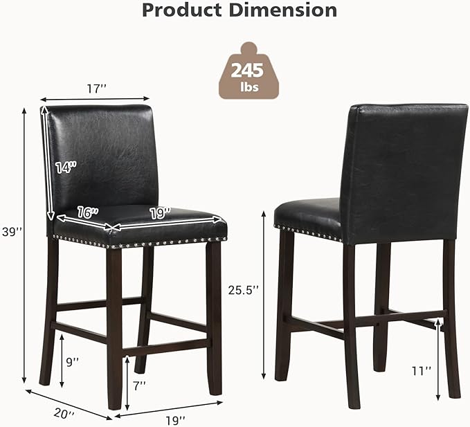 COSTWAY Bar Stools Set of 4, 25.5” PVC Leather Armless Counter Height Chair with Back, Kitchen Island Breakfast Chair for Dining Room, Party Room & Restaurant (4, Black)