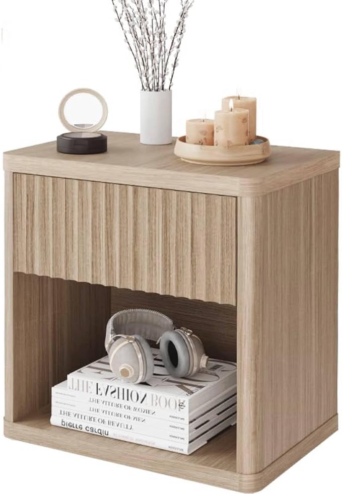 Large Modern Nightstand with Drawer Storage 22.8Inch Wide Fluted Bedside Table End Table for Bedroom, Living Room, Sofa, Couch, Home Office，Mid Century Bed Stands