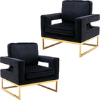 Modern Accent Chair Set of 2, Velvet Upholstered Side Chair with Backrest, Comfy Armchair Side Chair with Golden Metal Base for Living Room Reception Room, Black