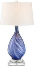 Possini Euro Design Taylor Modern Coastal Table Lamp with Square Riser 30.5" Tall Blue Art Glass White Fabric Shade for Living Room Bedroom House Bedside Nightstand Home Office (Color May Vary)