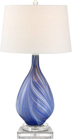 Possini Euro Design Taylor Modern Coastal Table Lamp with Square Riser 30.5" Tall Blue Art Glass White Fabric Shade for Living Room Bedroom House Bedside Nightstand Home Office (Color May Vary)