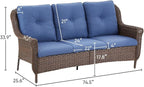 Patio Couch Outdoor Wicker Sofa - Heavy Duty All-Weather Brown Rattan 3-Seater with High Back and Comfortable Thick Cushions for Garden Back Porch Poolside Apartment - Navy Blue
