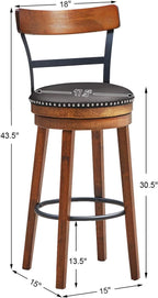COSTWAY Bar Stools Set of 4, 360-Degree Swivel Stools with Leather Padded Seat, Single Slat Ladder Back & Solid Rubber Wood Legs, Bar Height Stools for Pub, Restaurant, Kitchen, Brown (4, 30.5)