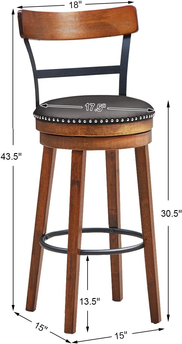 COSTWAY Bar Stools Set of 4, 360-Degree Swivel Stools with Leather Padded Seat, Single Slat Ladder Back & Solid Rubber Wood Legs, Bar Height Stools for Pub, Restaurant, Kitchen, Brown (4, 30.5)
