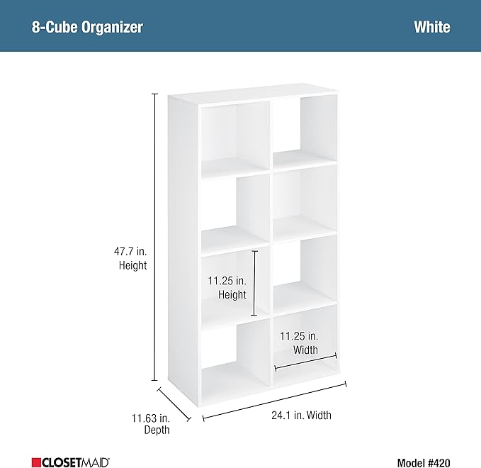 ClosetMaid Cubeicals 8 Cube Storage Shelf Organizer Bookshelf Stackable, Vertical or Horizontal, Easy Assembly, Wood, White
