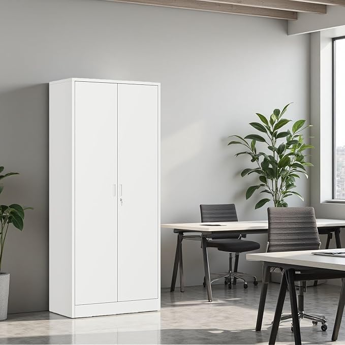 BESFUR Metal Cabinet with 5 Adjustable Shelves and 2 Doors, Locking Storage Cabinet for Garage, Classroom and Office -White