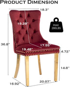 Velvet Upholstered Dining Chairs Set of 8, Modern Style Kitchen Side Chairs with Nailhead Trim and Gold Plated Leg, Metal Pulling Ring for Dining Room Living Room(Wine Red-Gold Plated Leg)