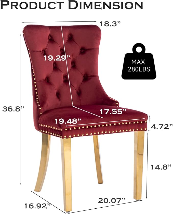 Velvet Upholstered Dining Chairs Set of 6, Modern Style Kitchen Side Chairs with Nailhead Trim and Gold Plated Leg, Metal Pulling Ring for Dining Room Living Room(Wine Red-Gold Plated Leg)