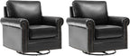 HULALA HOME Swivel Accent Chair Genuine Leather Barrel Rocker Chair with Metal Base Transitional Armchair Padded Round Armrest Set of 2, Black